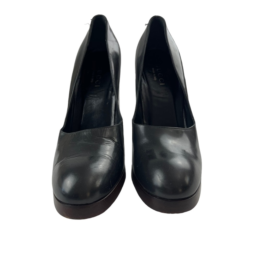 Gucci Black Leather Round-Toe Block Heel Pumps - Picture 4 of 13